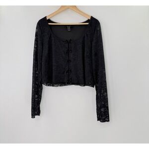 Forever 21+ Black Floral Lace Cropped Top Long Sleeve Velvet Bows Plus Size 3X